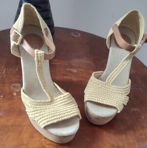 Tory Burch Carina macrame wedge sandal in natural/tan with leather accents